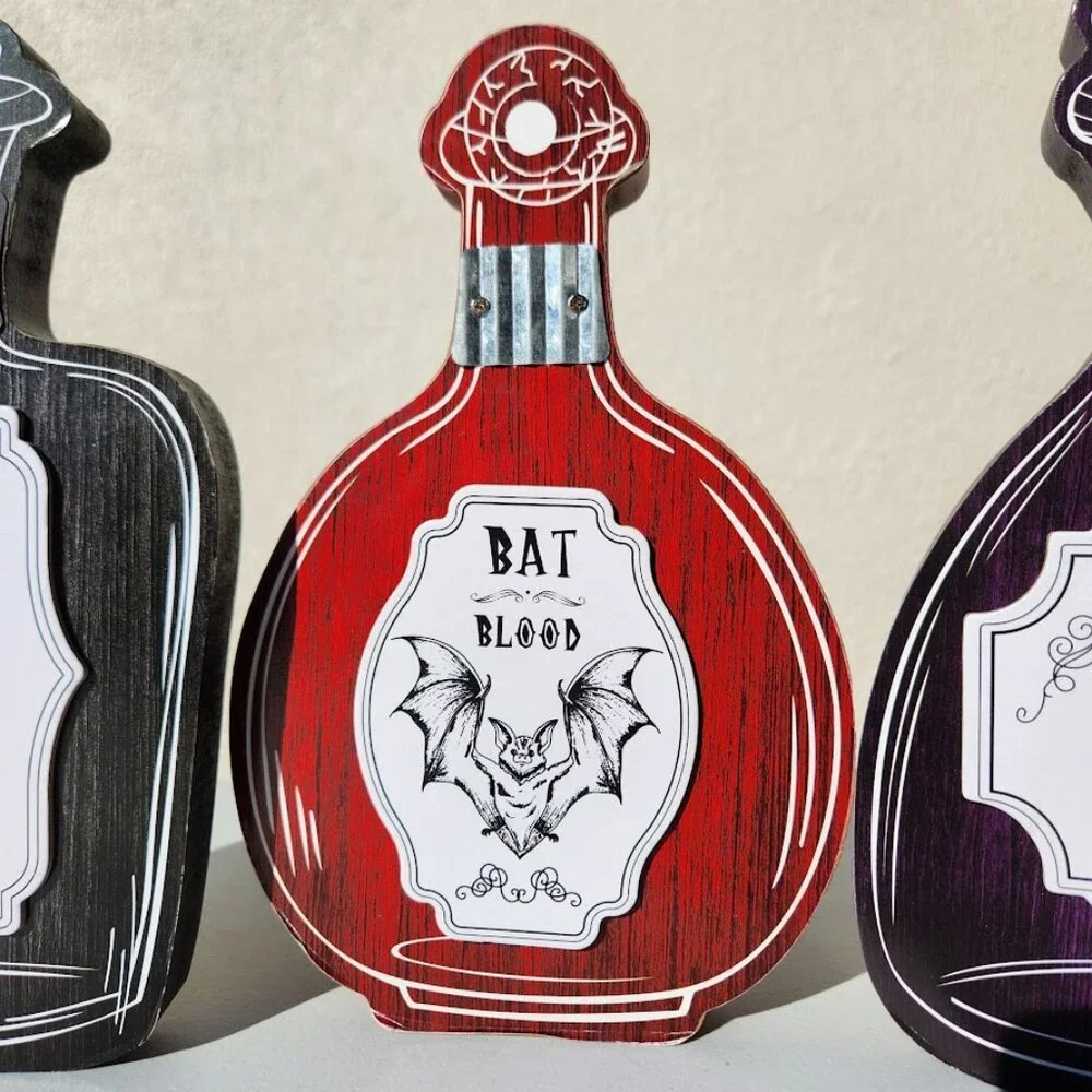 New Set of 3 Halloween Decor Wooden Potions Wood Decorations Bat Blood Witch's B